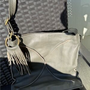 Elegant Gray Leather Fringe Bag